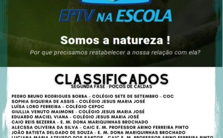 POÇOS DE CALDAS DIVULGA ALUNOS CLASSIFICADOS PARA O CONCURSO EPTV NA ESCOLA 2023
