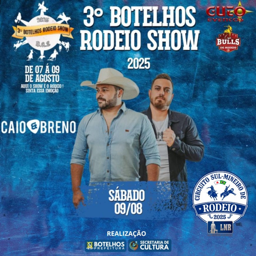 3º Botelhos Rodeio Show acontece de 7 a 9 de agosto com entrada gratuita, shows e provas valendo vaga para Barretos 2025