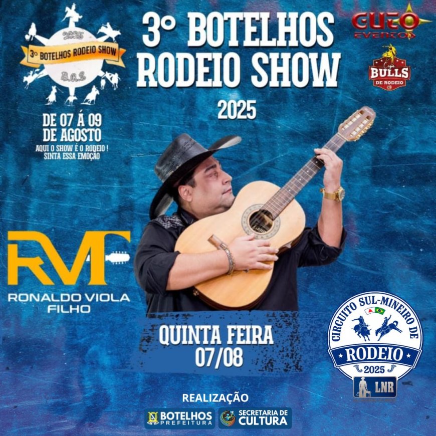 3º Botelhos Rodeio Show acontece de 7 a 9 de agosto com entrada gratuita, shows e provas valendo vaga para Barretos 2025