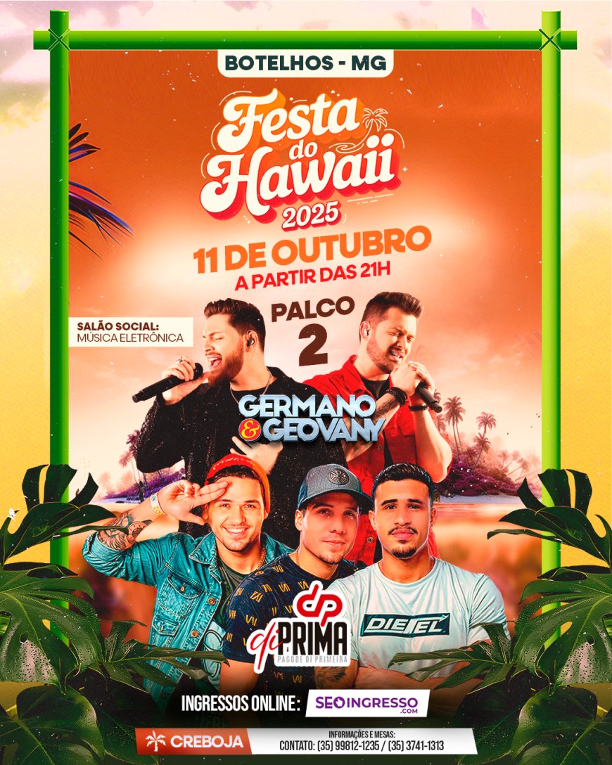 Festa do Havaí agita Botelhos no dia 11 de outubro com 3 ambientes e grandes atrações no Clube CREBOJA